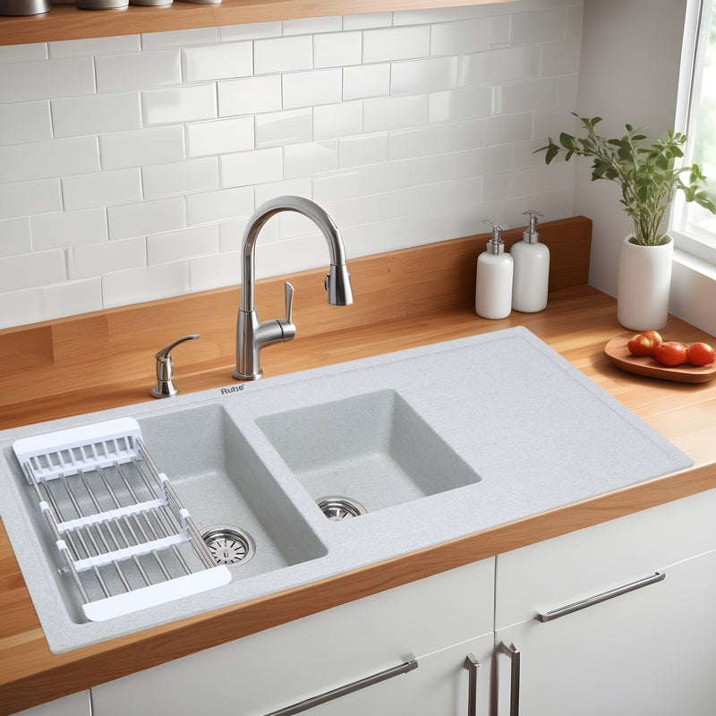 Quartz Double Bowl with Drainboard Kitchen Sink Crystal White (45 x 20 x 9 inches)