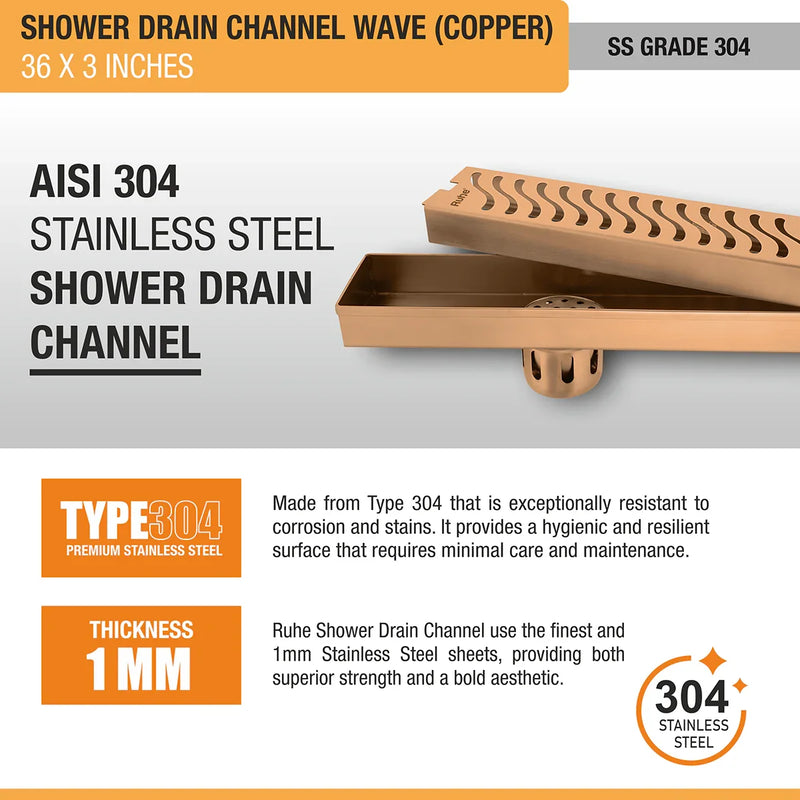 Wave Shower Drain Channel (36 x 3 Inches) Antique Copper PVD Coated - by Ruhe