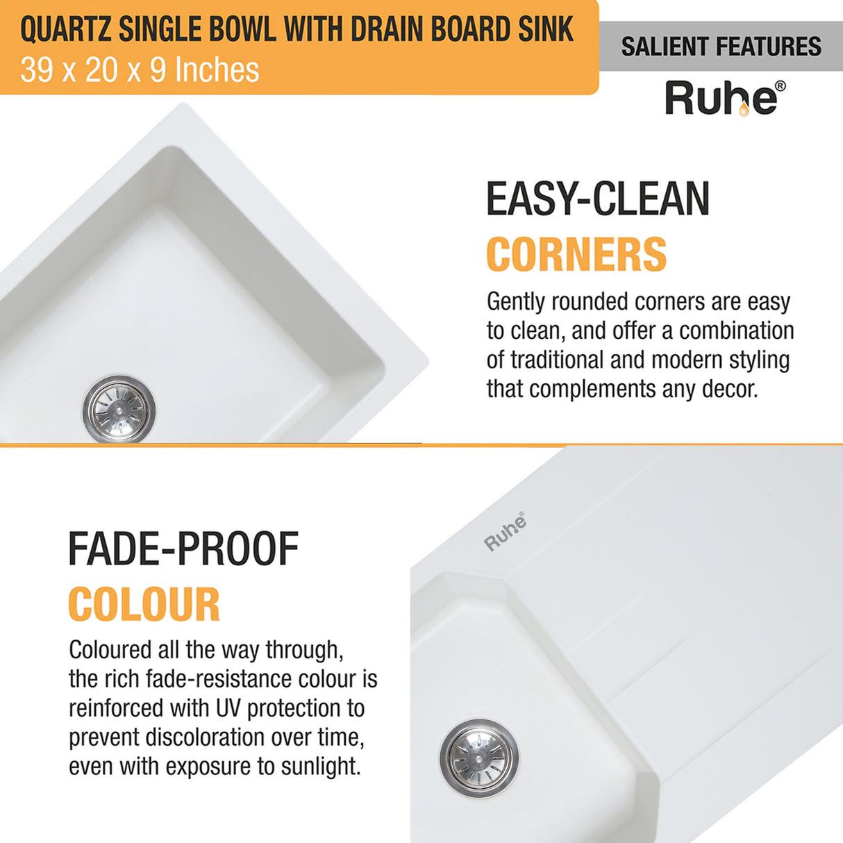 Quartz Single Bowl with Drainboard Kitchen Sink - Crystal White (39 x 20 x 9 inches) - by Ruhe®