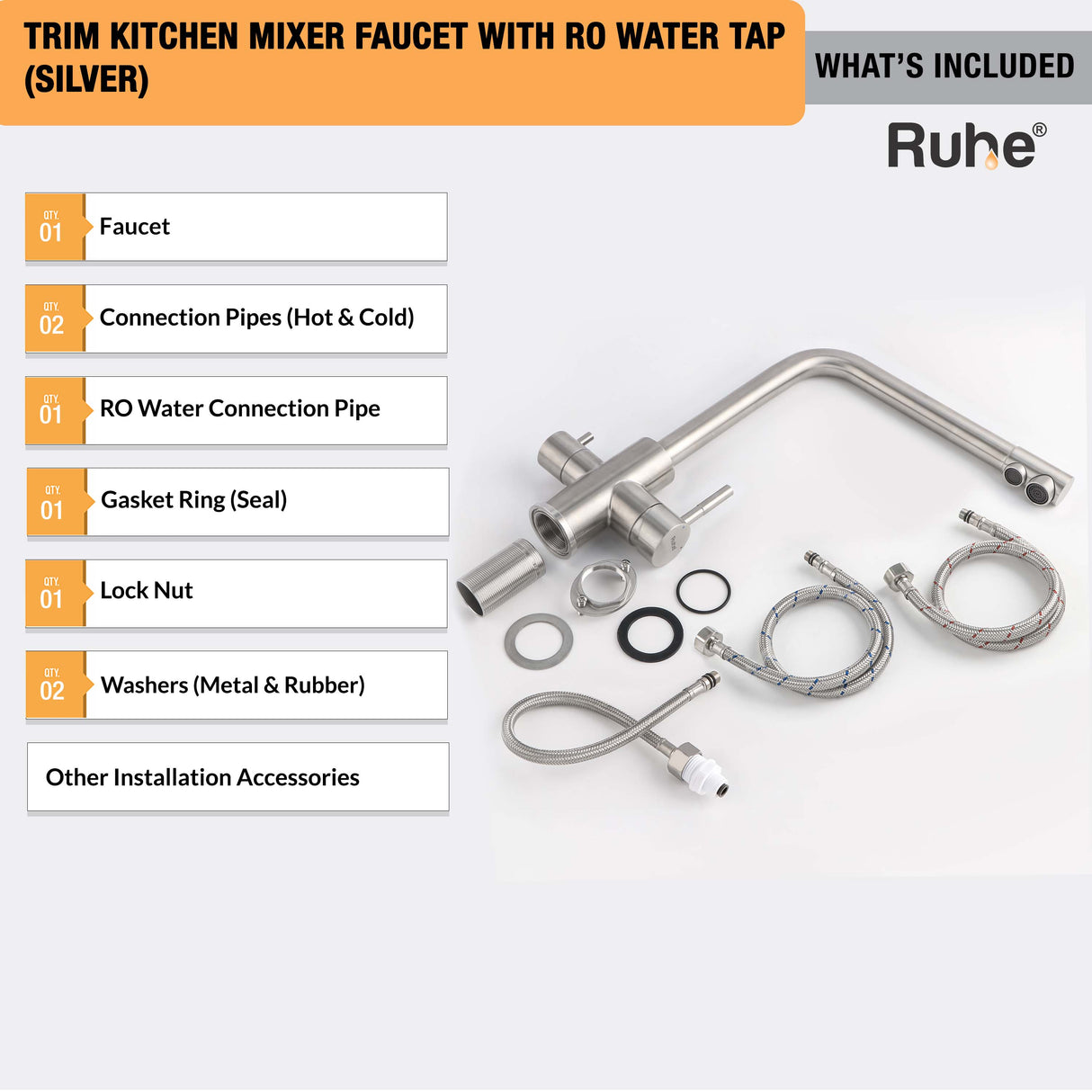 Trim Kitchen Mixer Faucet with RO Water Tap (Silver)