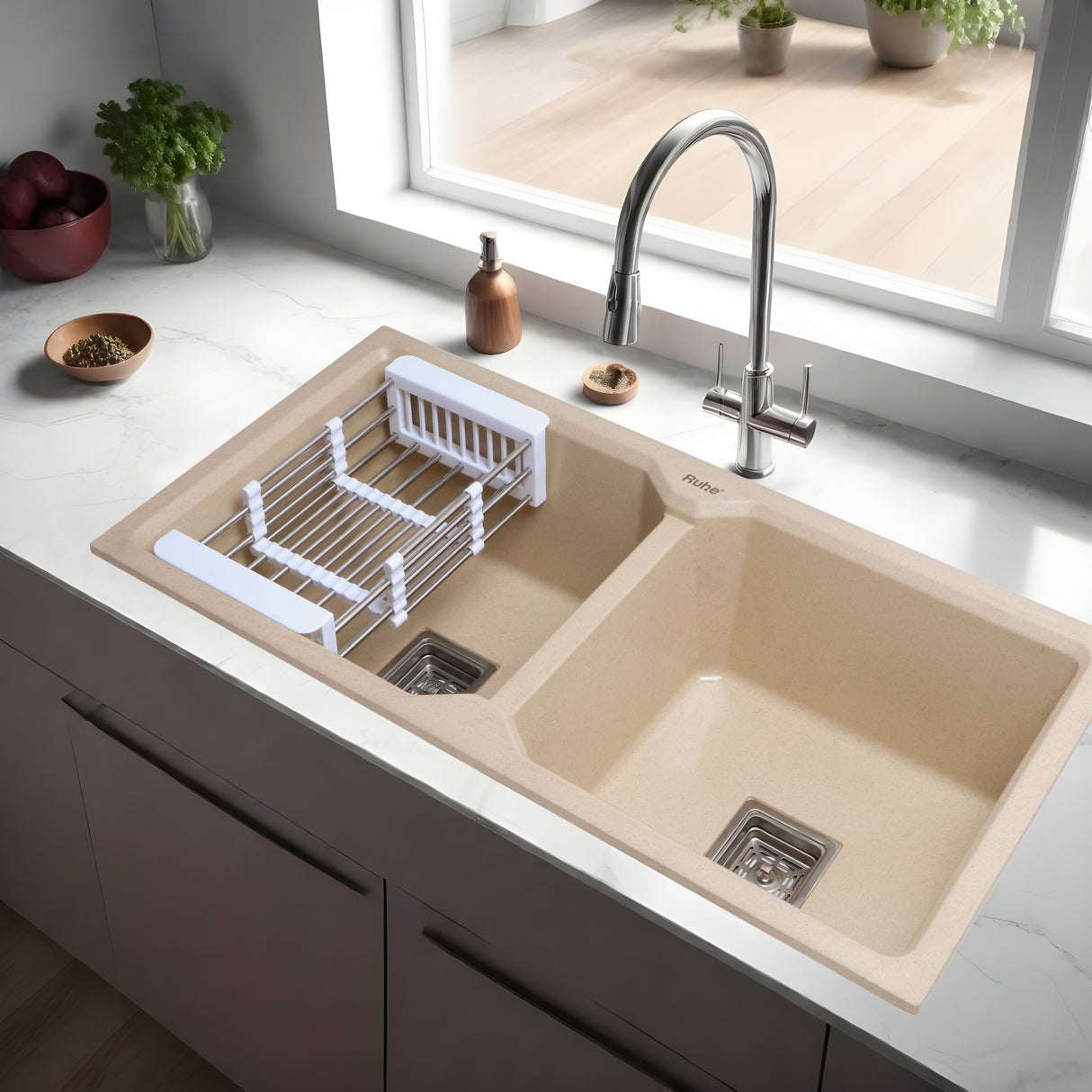 Quartz Double Bowl Kitchen Sink - Sand Choco (37 x 18 x 9 inches) - by Ruhe