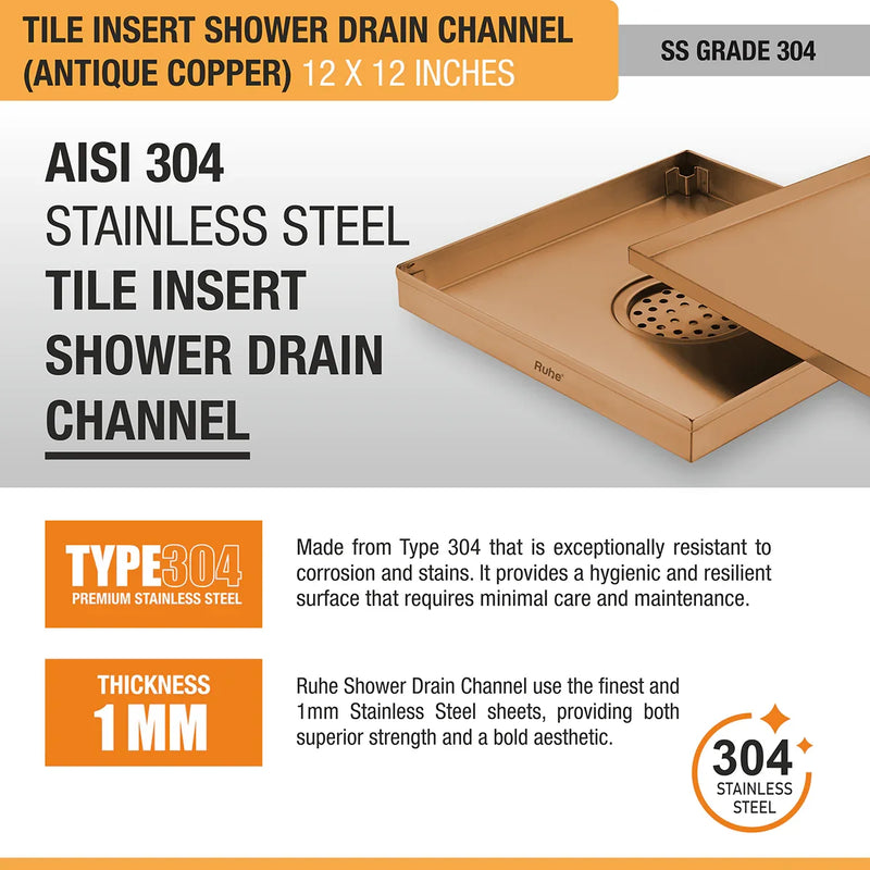 Tile Insert Shower Drain Channel (12 x 12 Inches) Antique Copper PVD Coated - by Ruhe