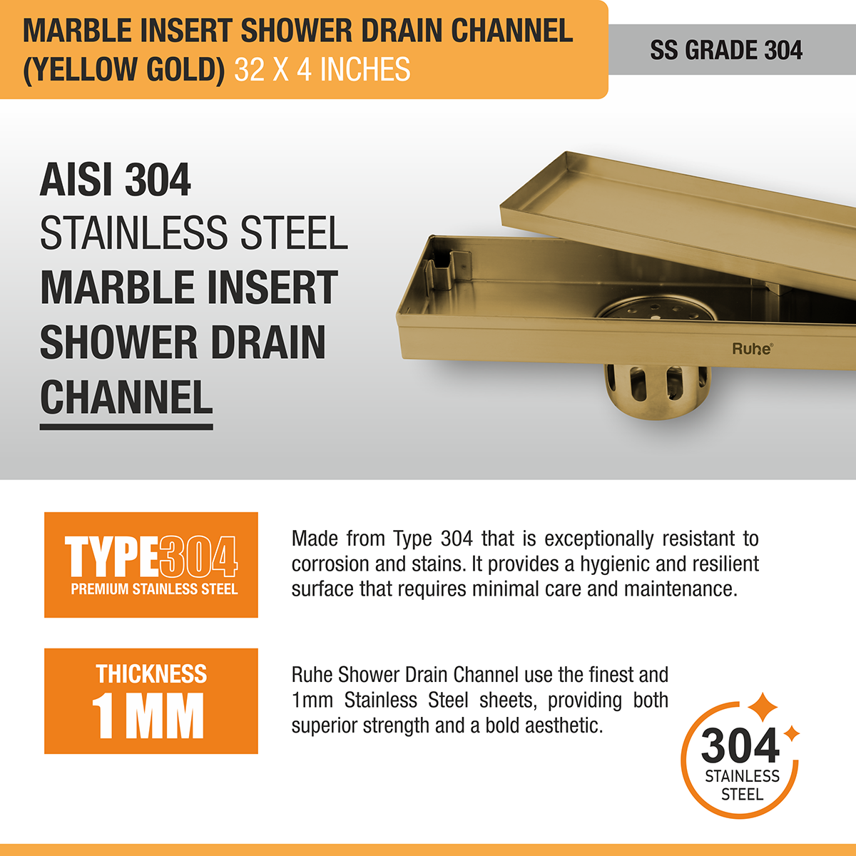 Marble Insert Shower Drain Channel (32 x 4 Inches) YELLOW GOLD PVD Coated - by Ruhe®