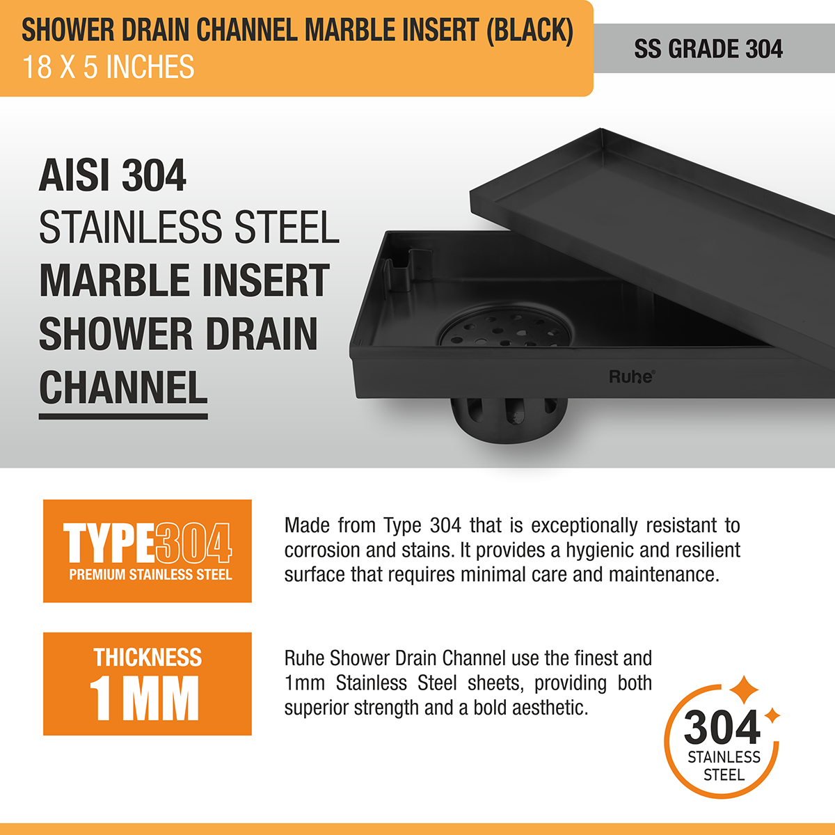 Marble Insert Shower Drain Channel (18 x 5 Inches) Black PVD Coated - by Ruhe®
