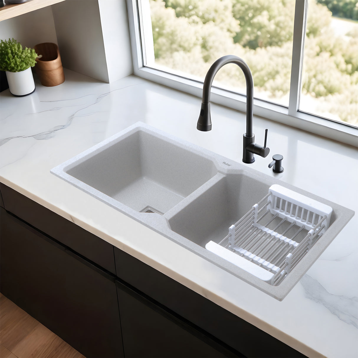 Quartz Double Bowl Kitchen Sink - Sand Pluto (37 x 18 x 9 inches) - by Ruhe