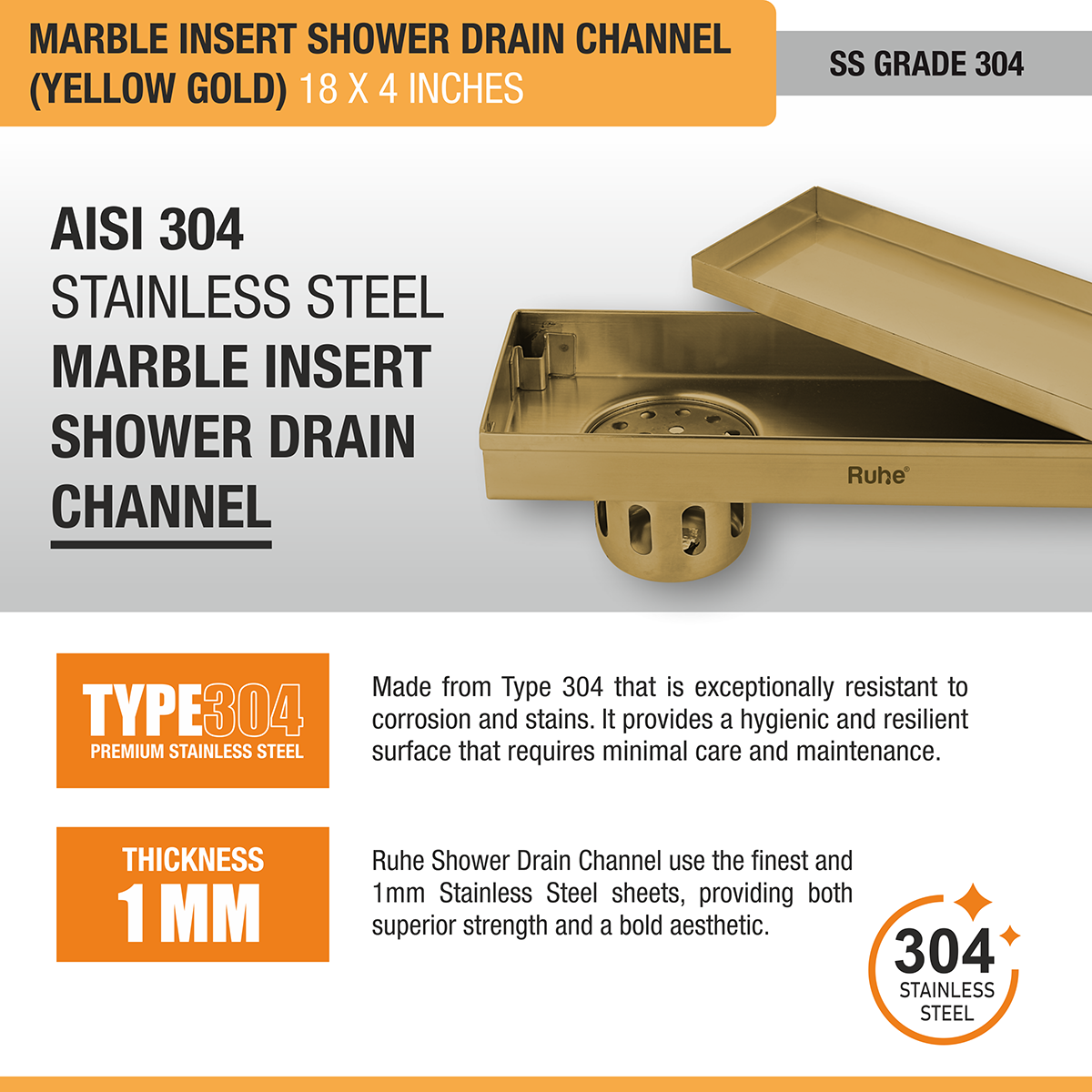 Marble Insert Shower Drain Channel (18 x 4 Inches) YELLOW GOLD PVD Coated stainless steel