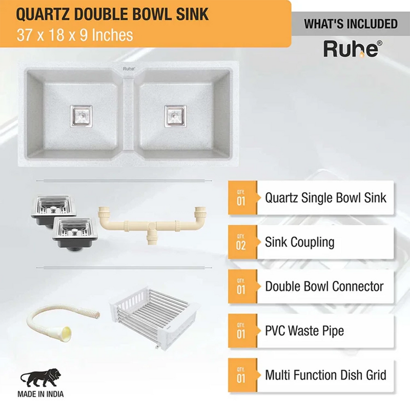 Quartz Double Bowl Kitchen Sink (37 x 18 x 9 Inches)