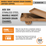 Marble Insert Shower Drain Channel (18 x 4 Inches) ROSE GOLD PVD Coated stainless steel