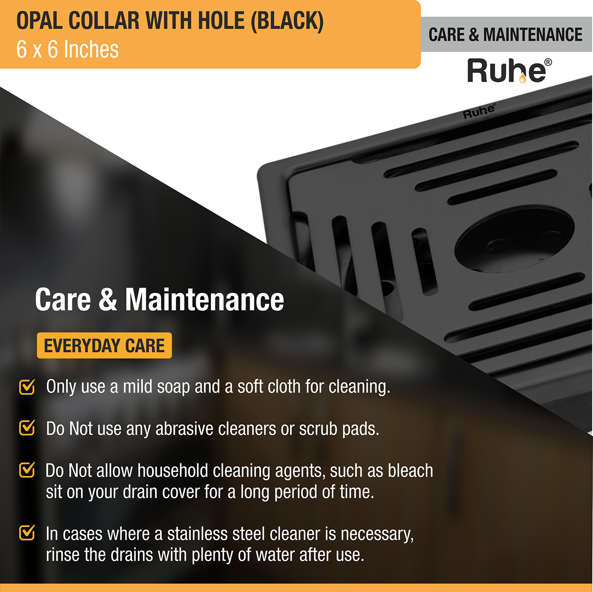 Opal Square 304-Grade Floor Drain in Black PVD Coating (6 x 6 Inches) with Hole - by Ruhe