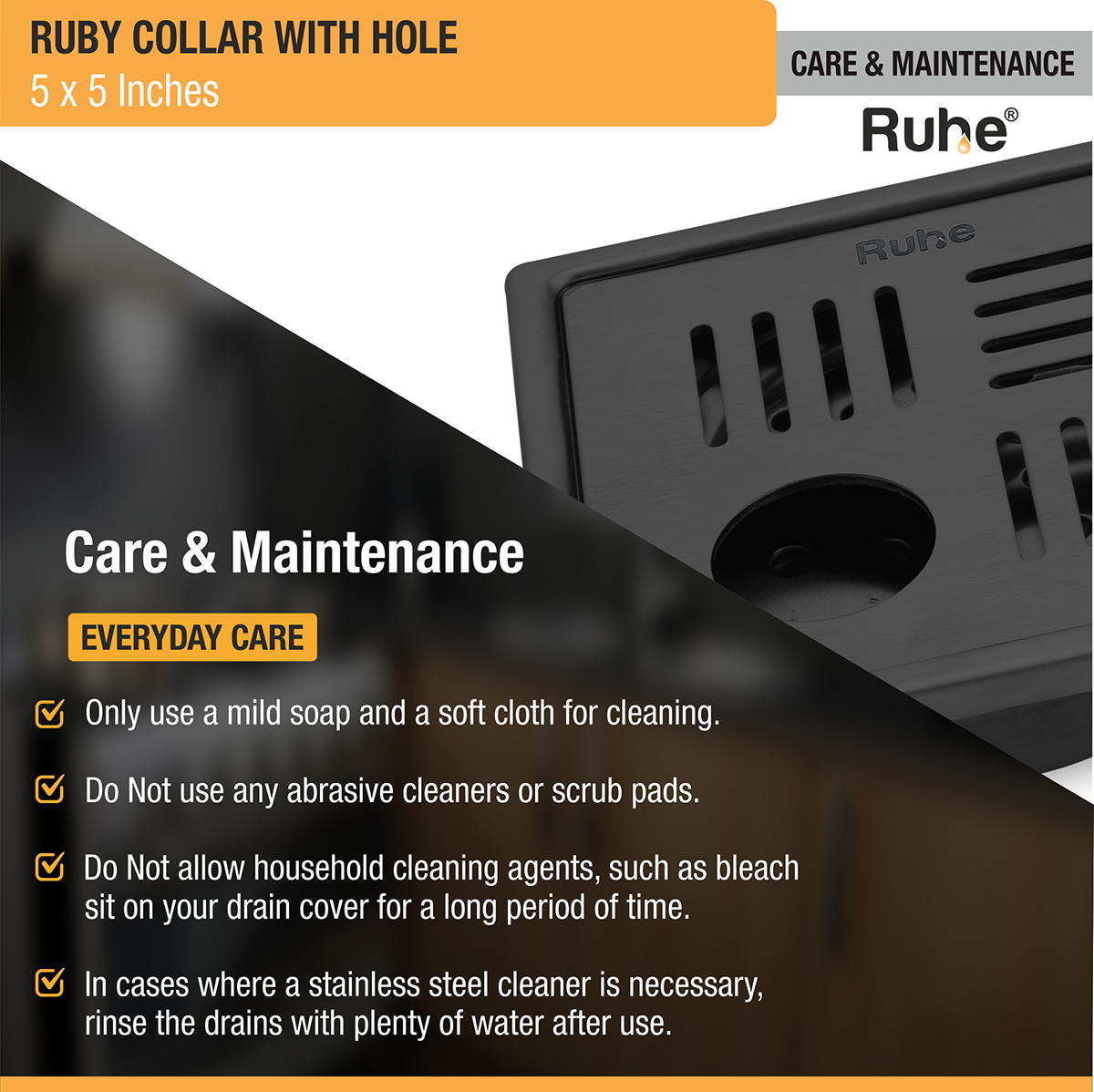 Ruby Square 304-Grade Floor Drain in Black PVD Coating (5 x 5 Inches) with Hole - by Ruhe