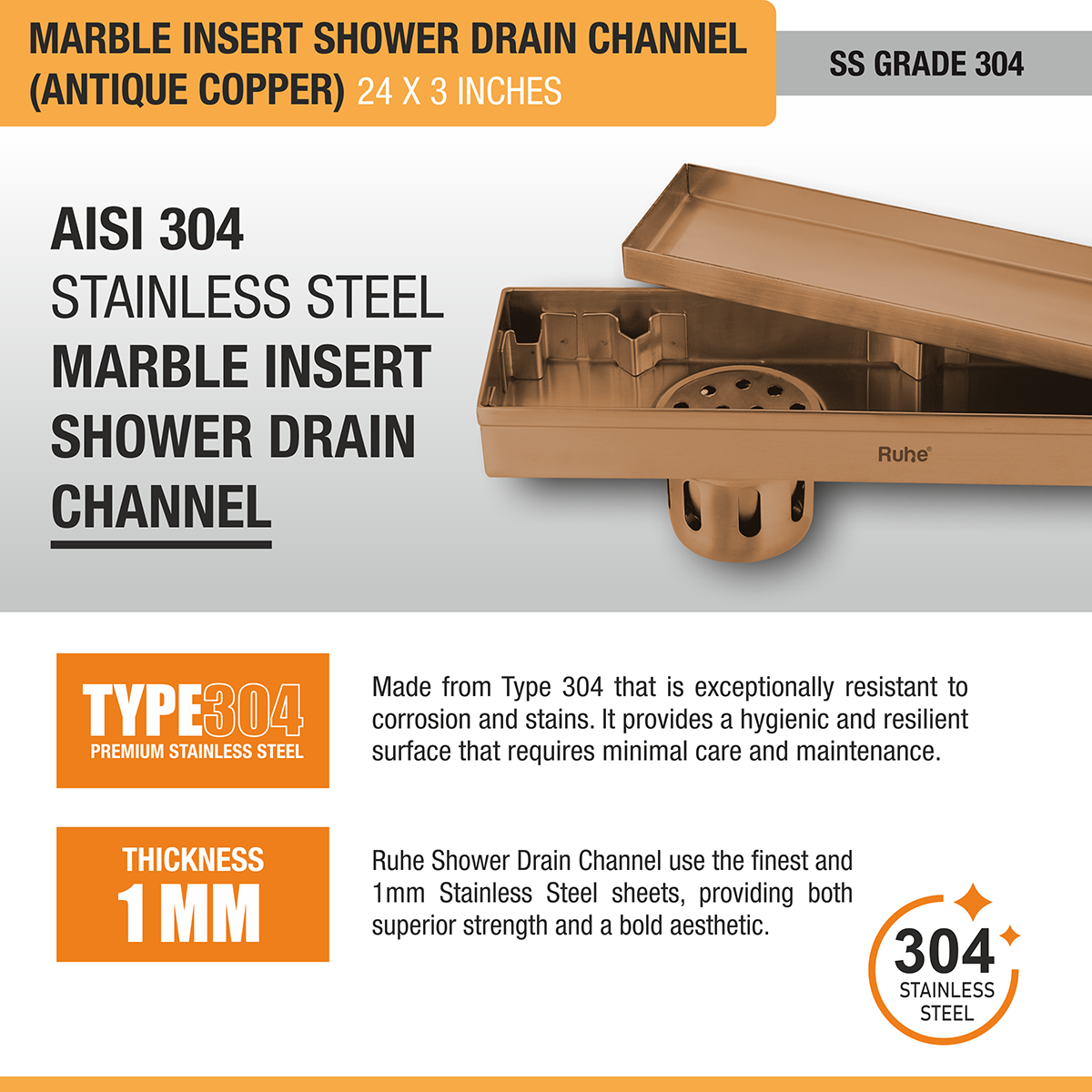 Marble Insert Shower Drain Channel (24 x 3 Inches) ROSE GOLD PVD Coated - by Ruhe®