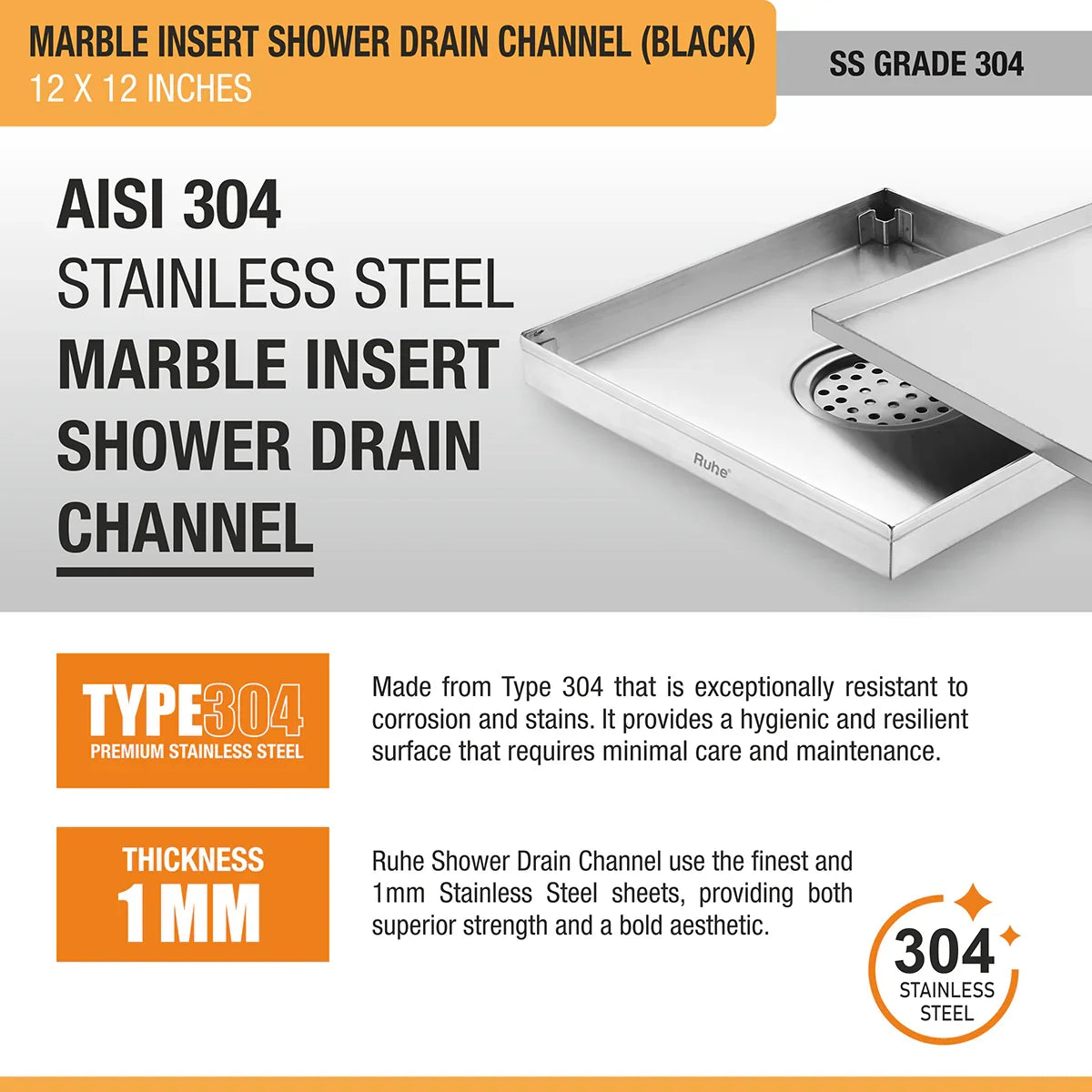 Marble-Insert Shower Drain Channel (12 x 12 Inches)