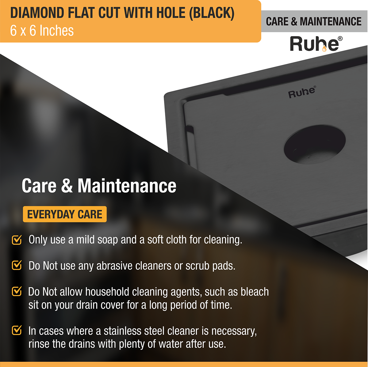 Diamond Square Flat Cut Floor Drain in Black PVD Coating (6 x 6 Inches) with Hole - by Ruhe