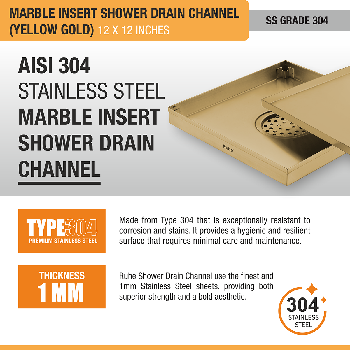 Marble Insert Shower Drain Channel (12 x 12 Inches) YELLOW GOLD PVD Coated stainless steel