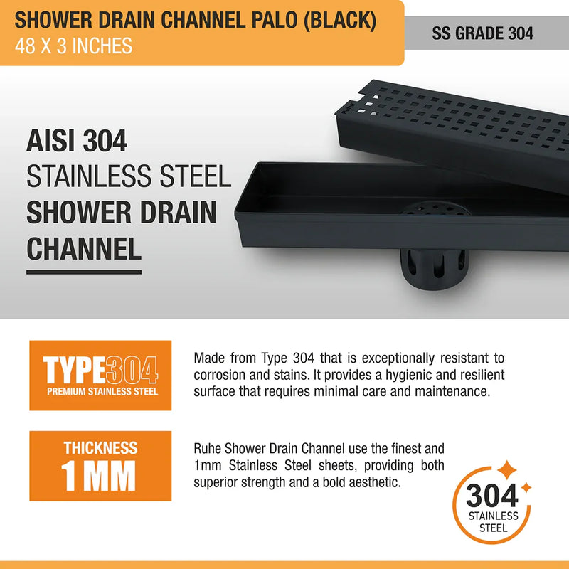 Palo Shower Drain Channel (48 x 3 Inches) Black PVD Coated - by Ruhe