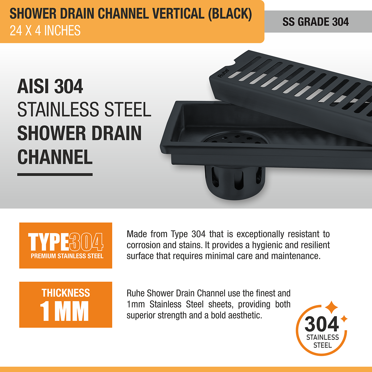 Vertical Shower Drain Channel (24 x 4 Inches) Black PVD Coated stainless steel
