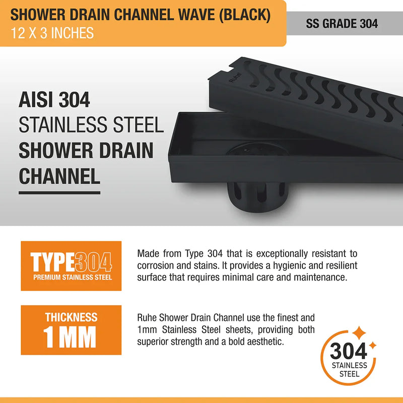 Wave Shower Drain Channel (12 x 3 Inches) Black PVD Coated - by Ruhe
