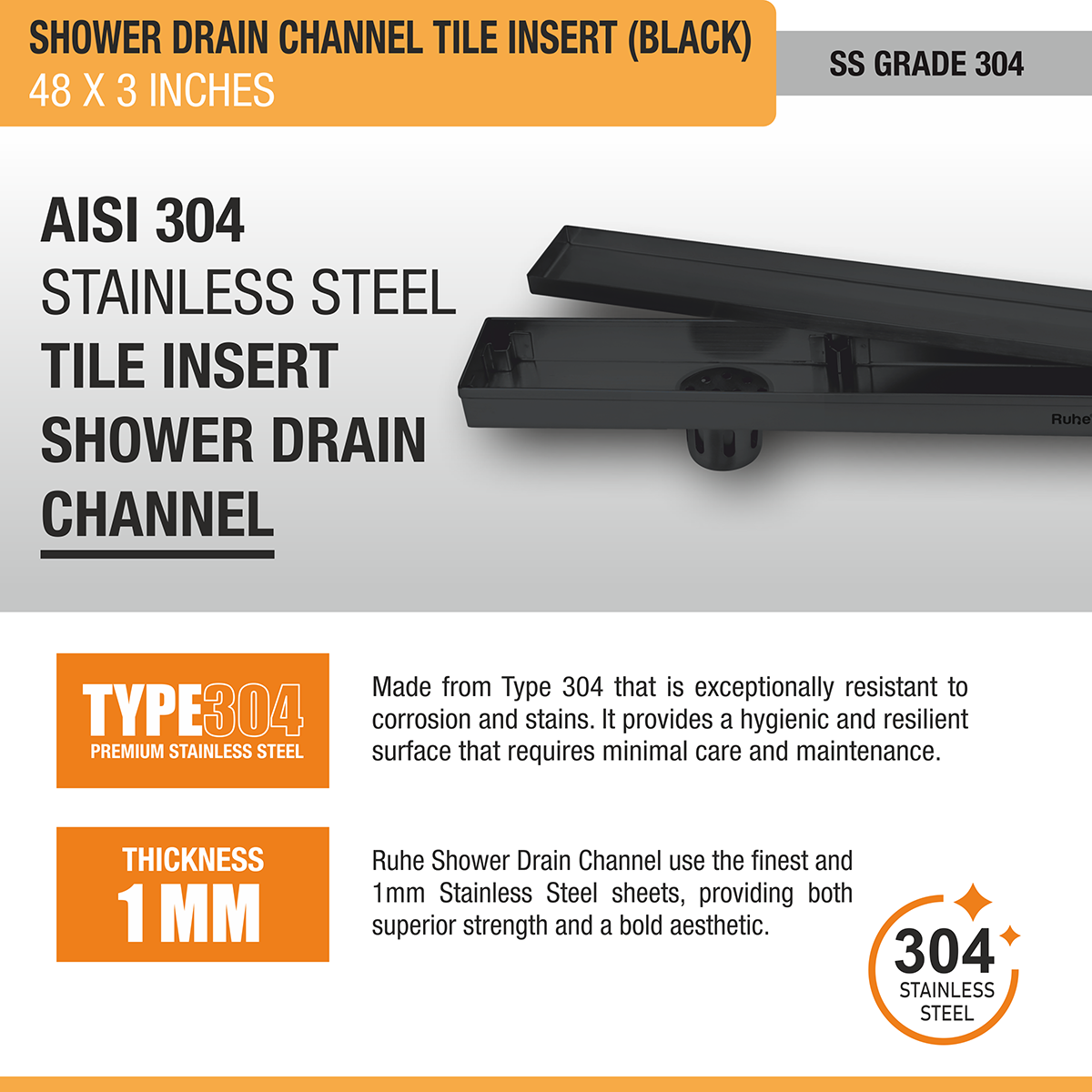 Tile Insert Shower Drain Channel (48 x 3 Inches) Black PVD Coated - by Ruhe®