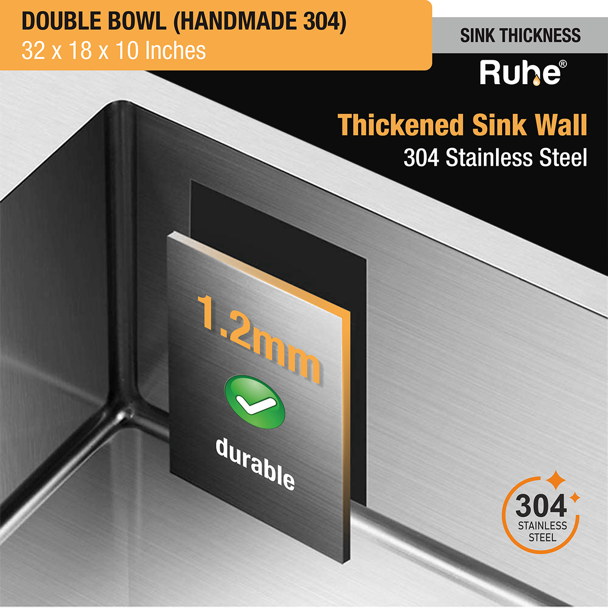 Handmade Double Bowl 304-Grade Kitchen Sink (32 x 18 x 10 Inches) with Tap Hole stainless steel thickness