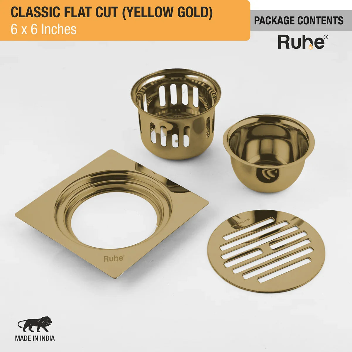 Classic Square Flat Cut Floor Drain in Yellow Gold PVD Coating (6 x 6 Inches) - by Ruhe