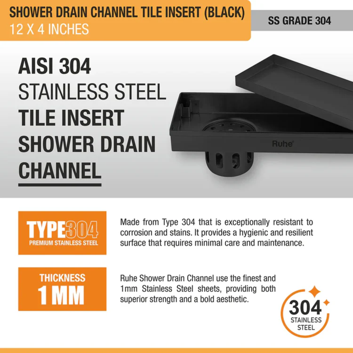 Tile-Insert Shower Drain Channel (4 Inches)