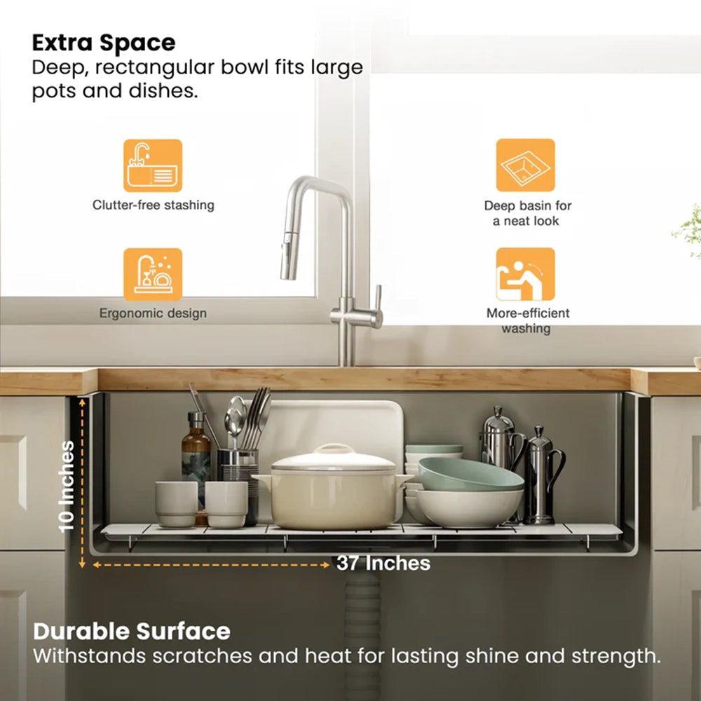 Handmade Stainless Steel Single Bowl Kitchen Sink with Drainboard (37 x 18 x 10 Inches) – Matt Steel