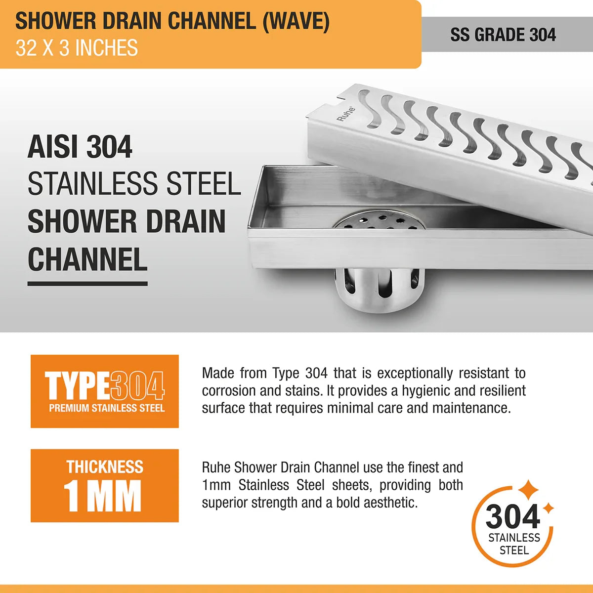 Wave Shower Drain Channel (3 Inches)