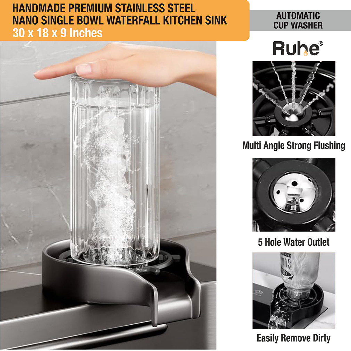  Handmade Premium Nano Kitchen Sink with Integrated Waterfall, Pull-Out & RO Faucet (30 x 18 x 9 Inches) 6
