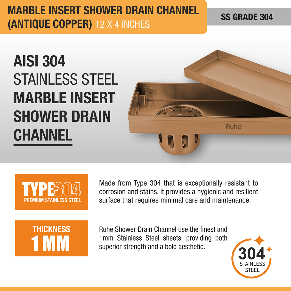 Marble Insert Shower Drain Channel (12 x 4 Inches) ROSE GOLD PVD Coated stainless steel