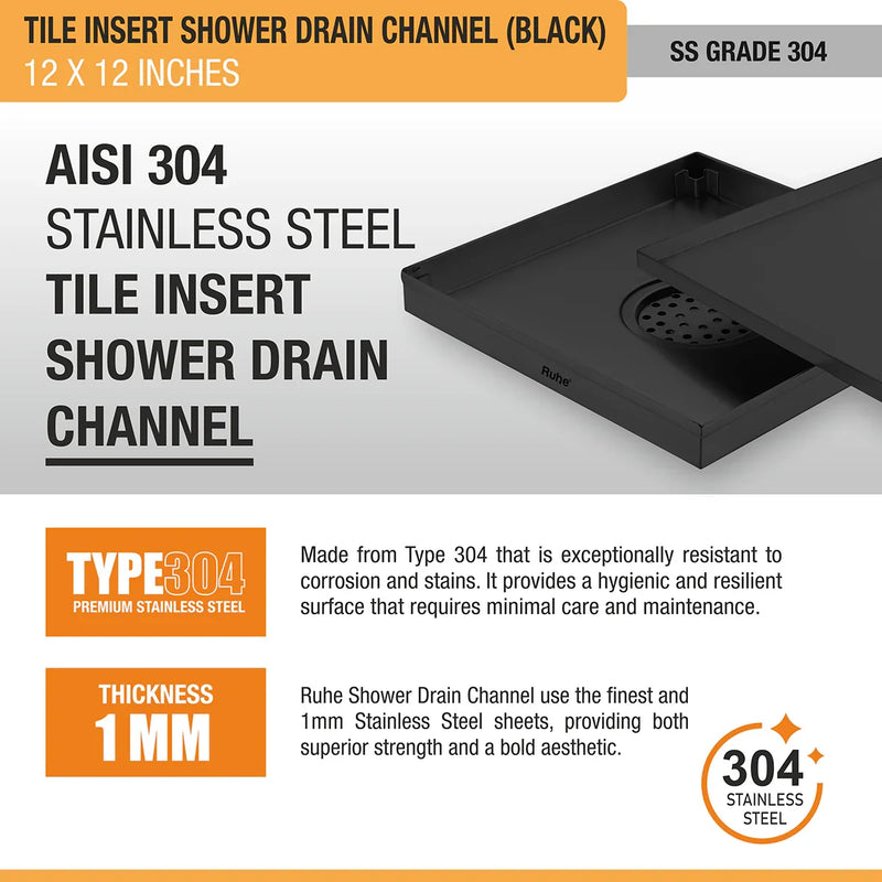 Tile-Insert Shower Drain Channel Coloured (12 x 12 Inches)