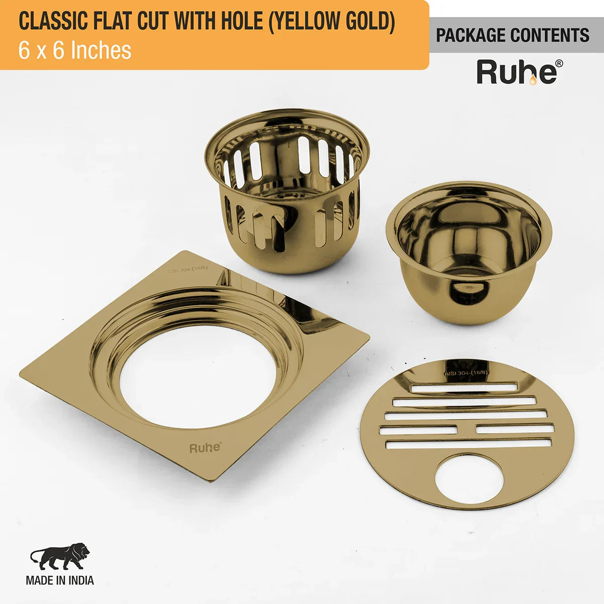 Classic Square Flat Cut Floor Drain in Yellow Gold PVD Coating (6 x 6 Inches) with Hole - by Ruhe