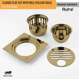 Classic Square Flat Cut Floor Drain in Yellow Gold PVD Coating (6 x 6 Inches) with Hole package content