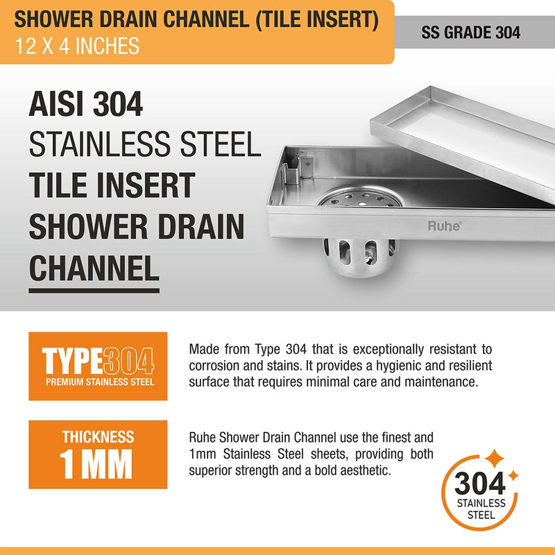 Tile-Insert Shower Drain Channel (4 Inches)