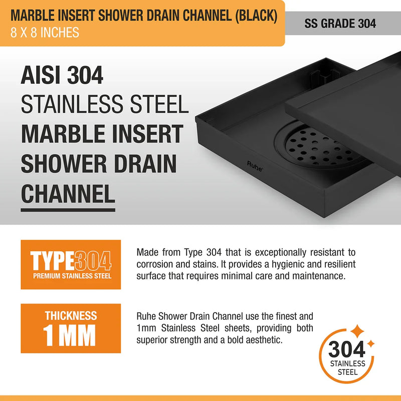 Marble-Insert Shower Drain Channel Black (8 x 8 Inches)