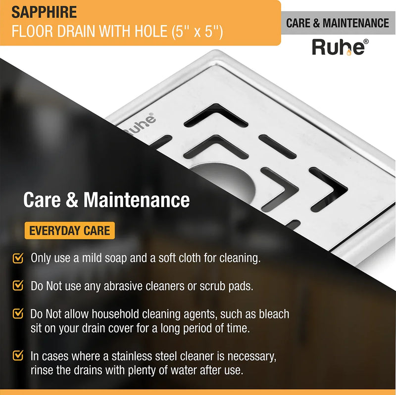 Sapphire Square 304-Grade Floor Drain with Hole (5 x 5 Inches) - by Ruhe