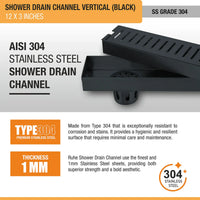 Vertical Shower Drain Channel (12 x 3 Inches) Black PVD Coated stainless steel