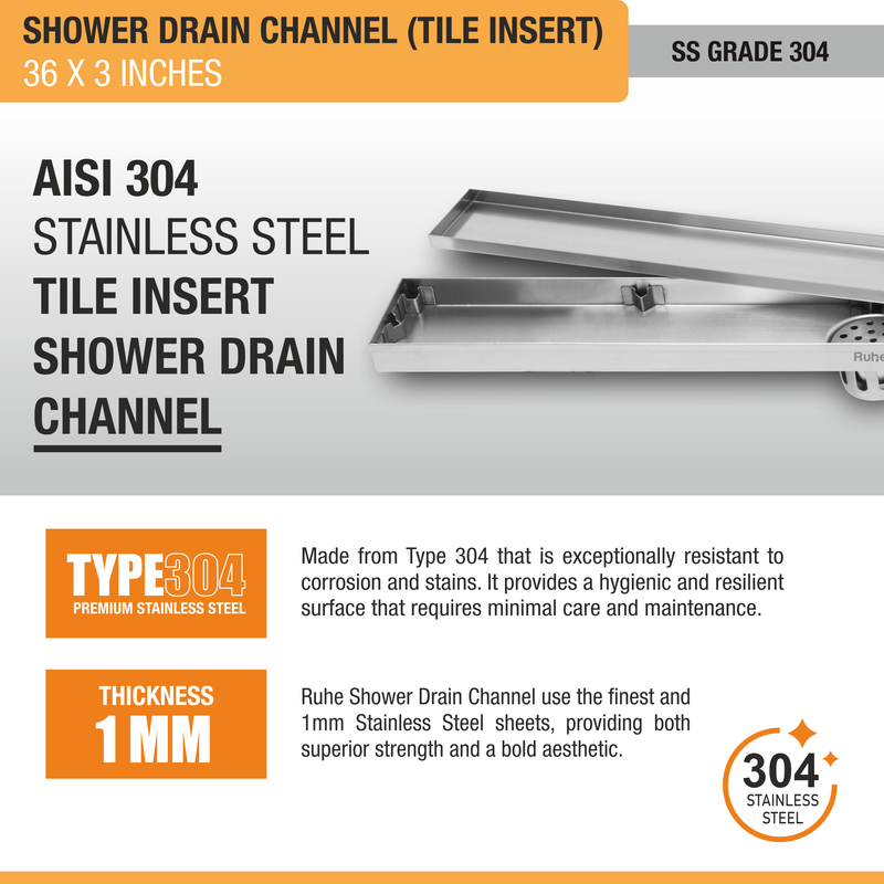 Tile-Insert Shower Drain Channel (3 Inches)