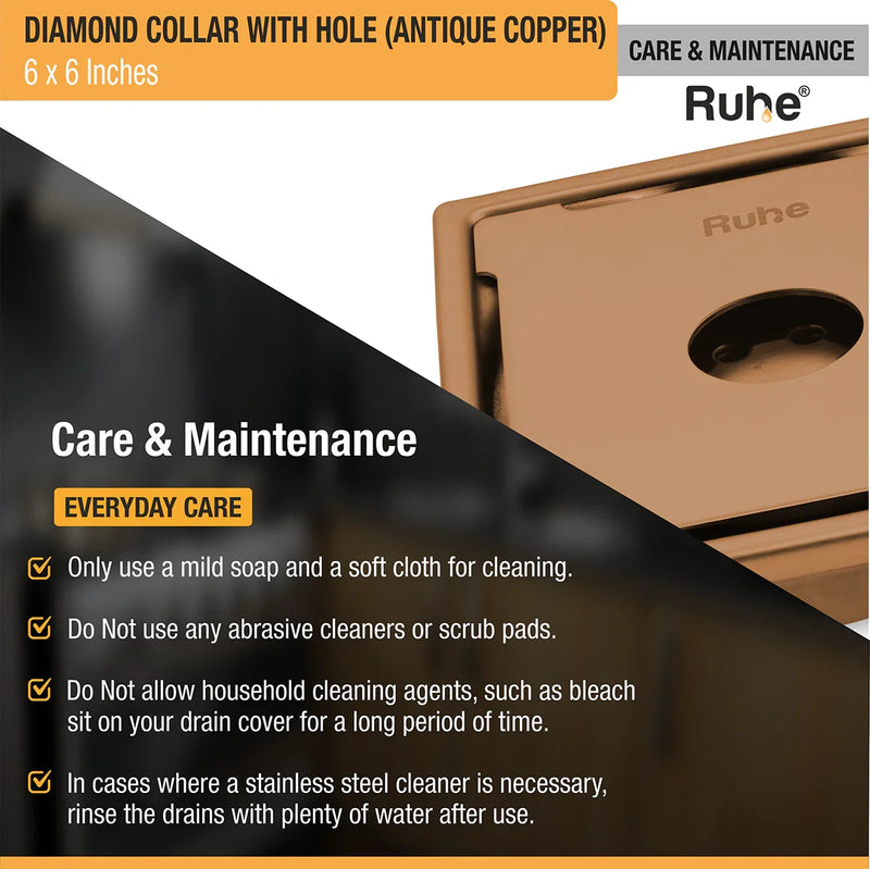 Diamond Square Flat Cut Floor Drain in Antique Copper PVD Coating (6 x 6 Inches) with Hole - by Ruhe