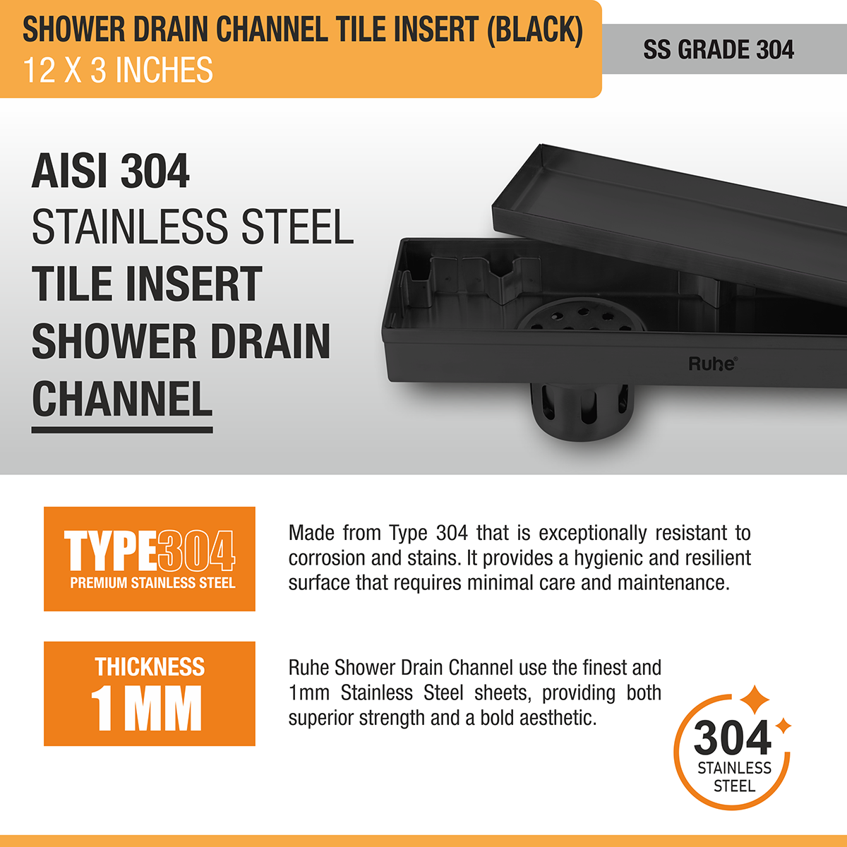 Tile Insert Shower Drain Channel (12 x 3 Inches) Black PVD Coated - by Ruhe®