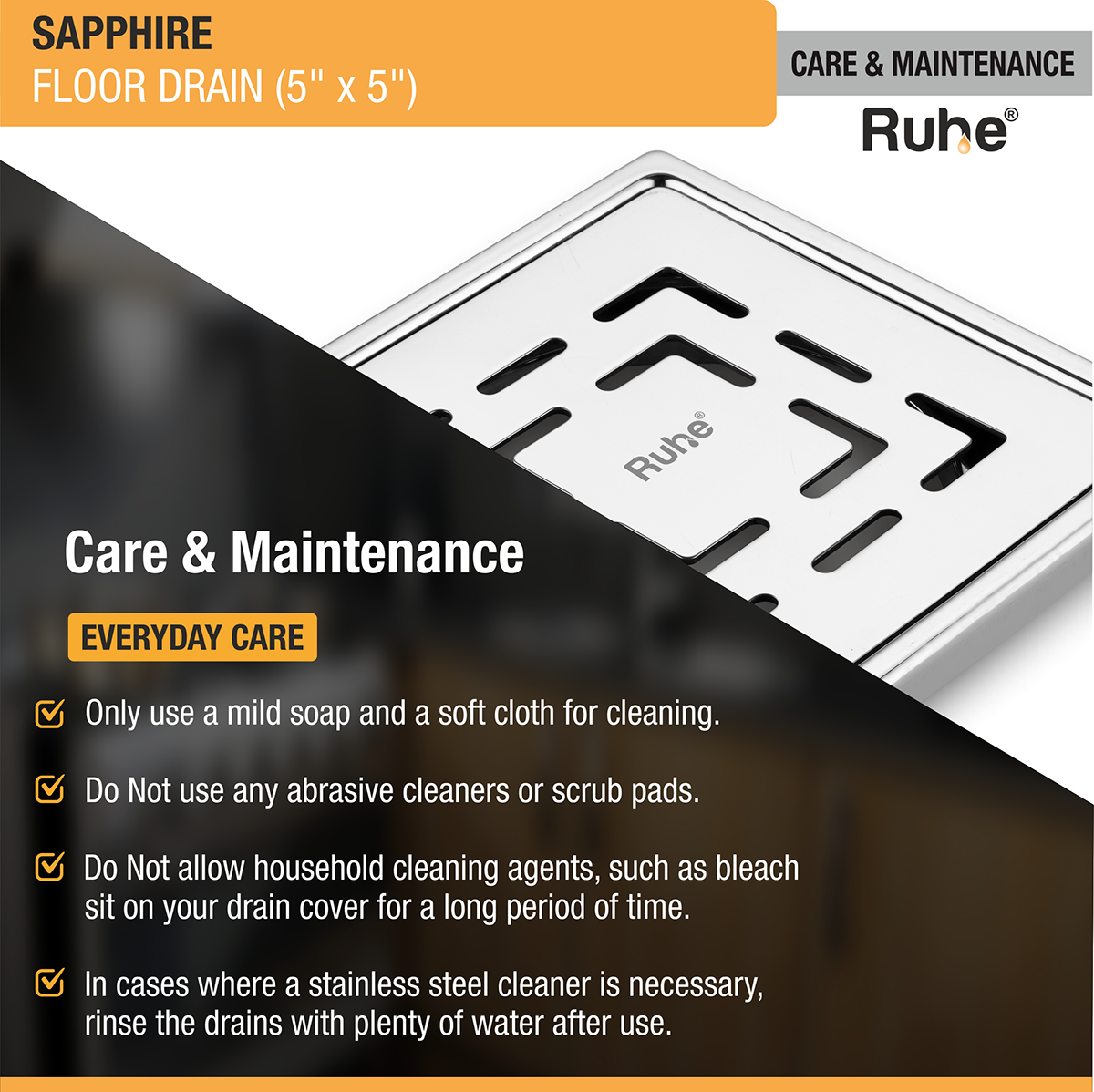 Sapphire Square 304-Grade Floor Drain (5 x 5 Inches) - by Ruhe