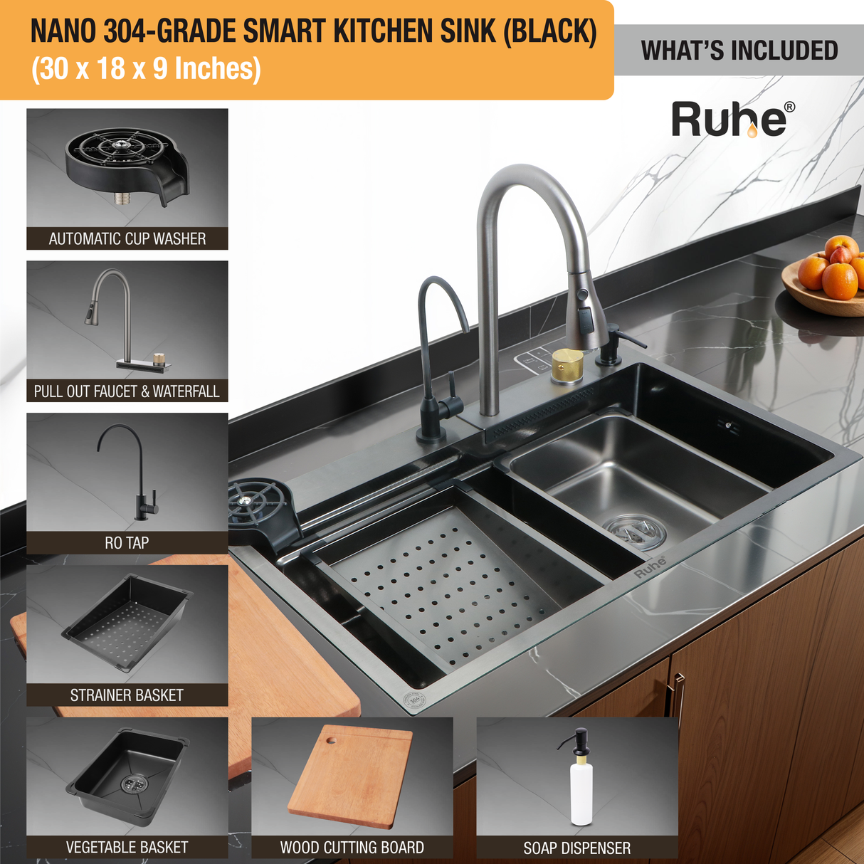 Nano Black 304-Grade Kitchen Sink with Integrated Waterfall, Pull-Out & RO Faucet (30 x 18 x 9 Inches)  - by Ruhe