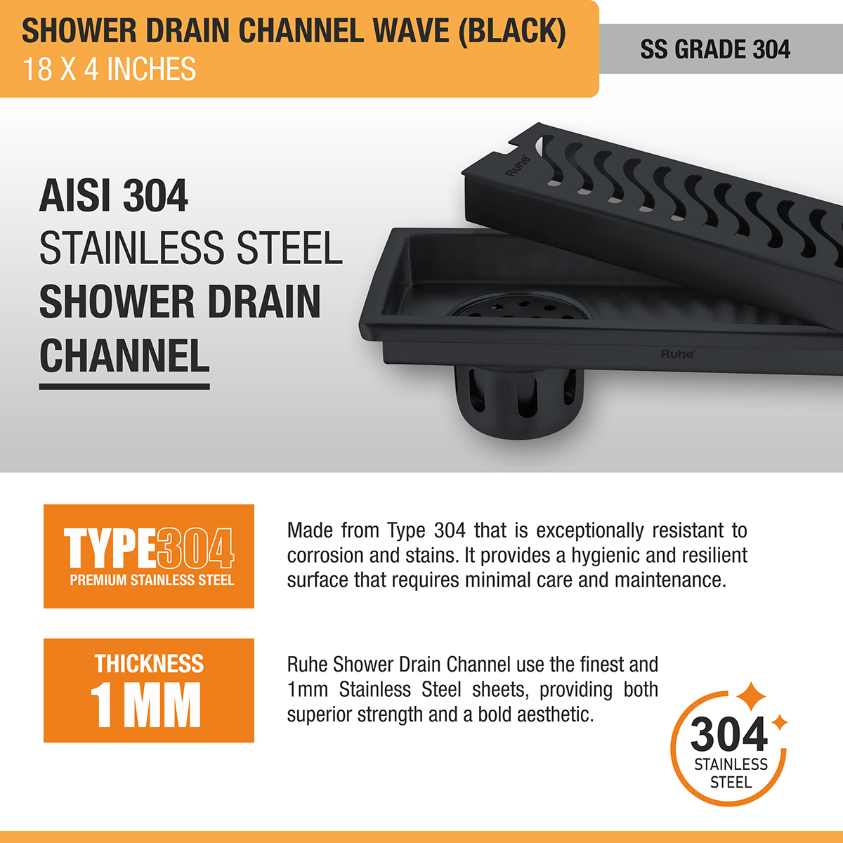 Wave Shower Drain Channel (18 x 4 Inches) Black PVD Coated stainless steel