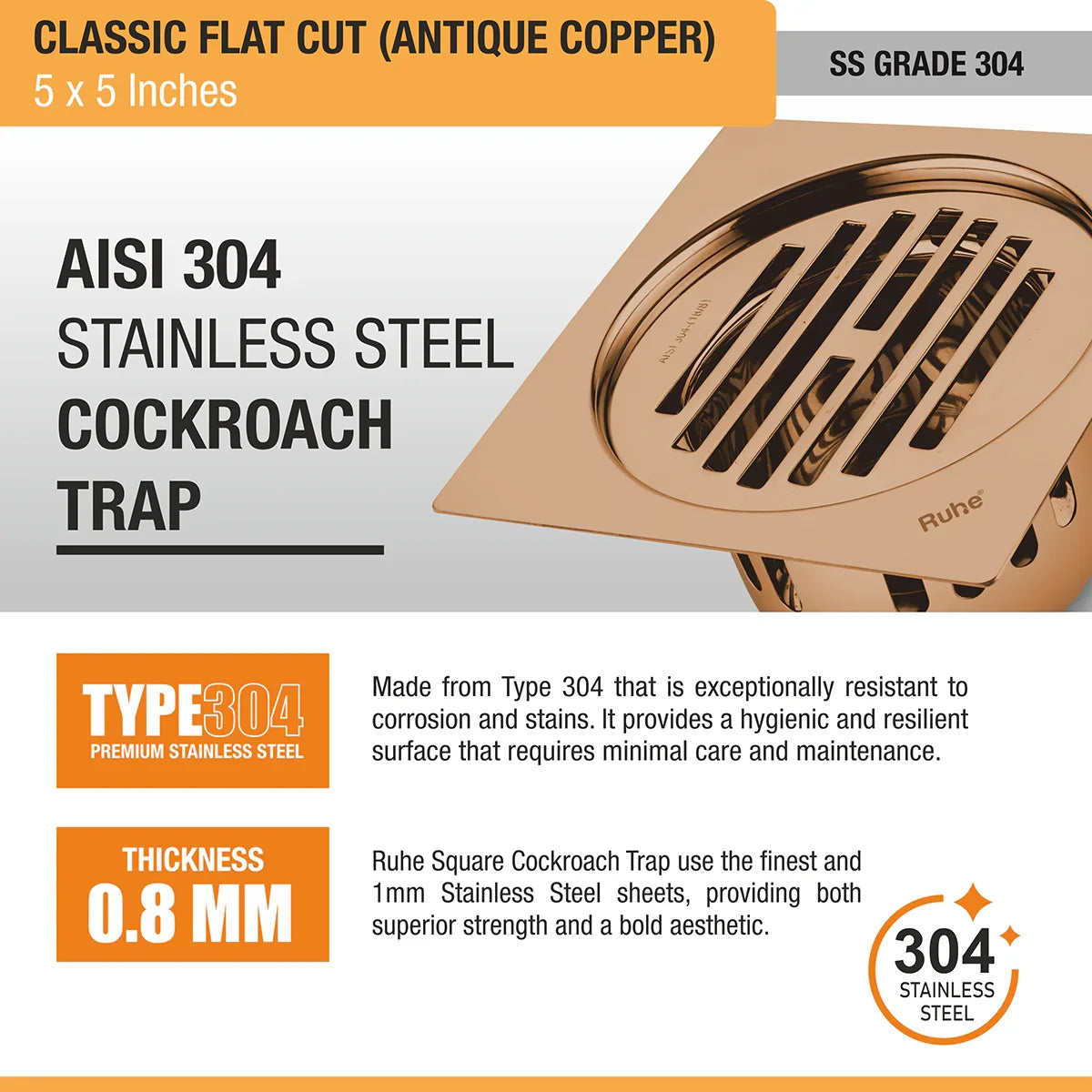 Classic Square Flat Cut Floor Drain in Antique Copper PVD Coating (5 x 5 Inches) - by Ruhe