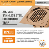 Classic Square Flat Cut Floor Drain in Antique Copper PVD Coating (5 x 5 Inches) 304 stainless steel
