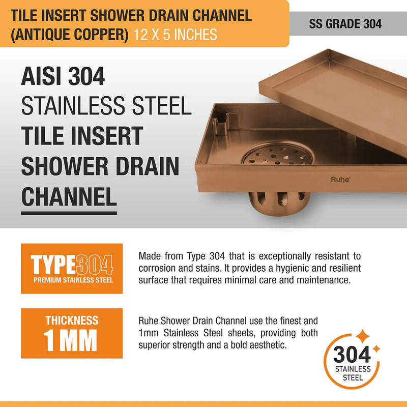 Tile Insert Shower Drain Channel (12 x 5 Inches) Antique Copper PVD Coated - by Ruhe