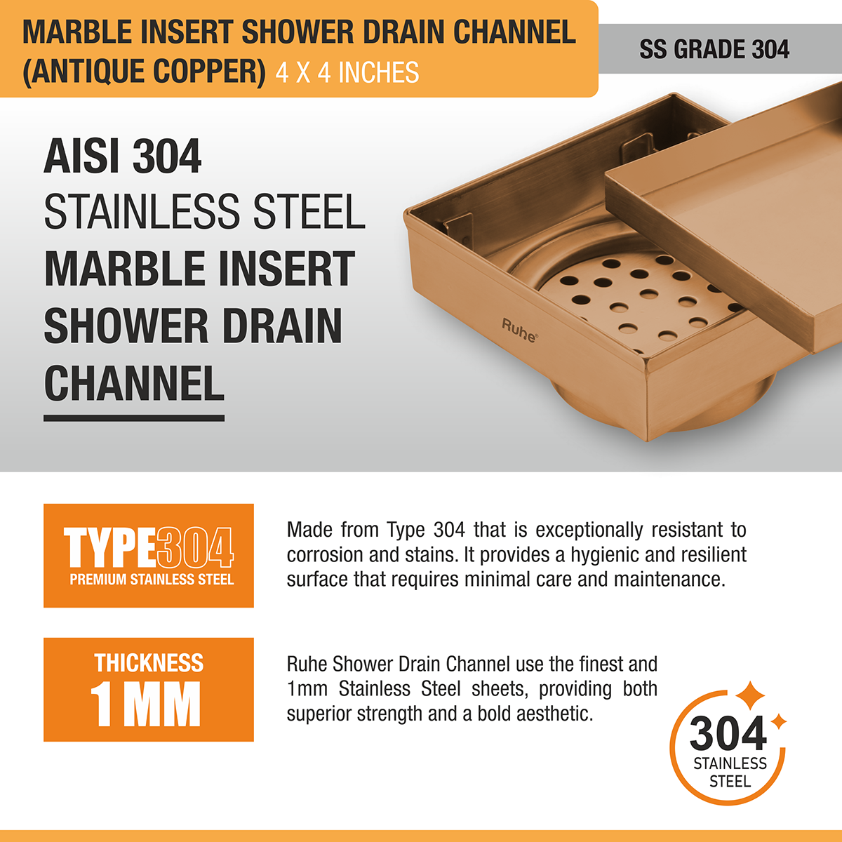 Marble Insert Shower Drain Channel (4 x 4 Inches) ROSE GOLD PVD Coated - by Ruhe®