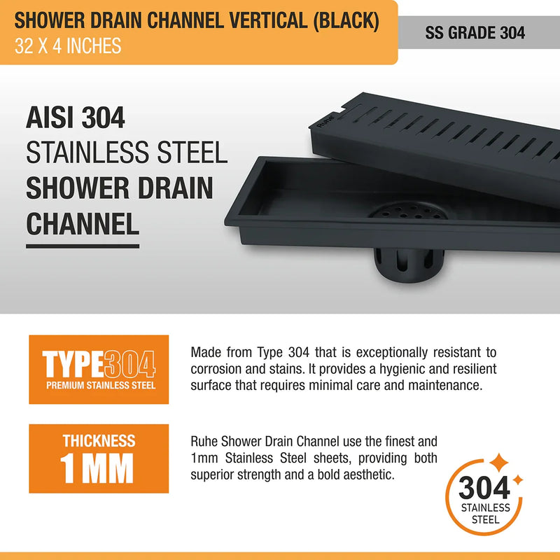 Vertical Shower Drain Channel (32 x 4 Inches) Black PVD Coated - by Ruhe