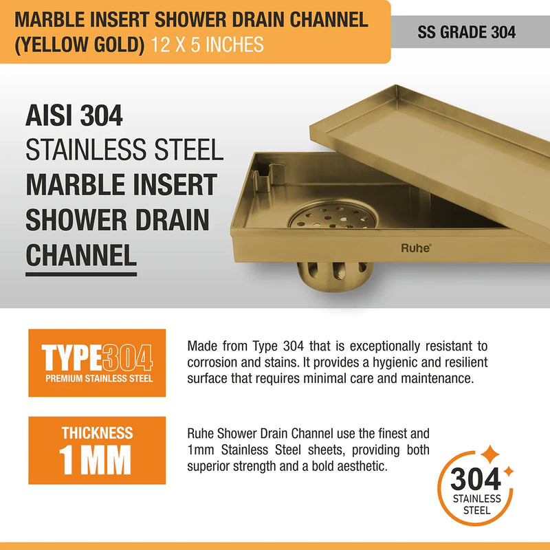 Marble Insert Shower Drain Channel (12 x 5 Inches) YELLOW GOLD PVD Coated - by Ruhe