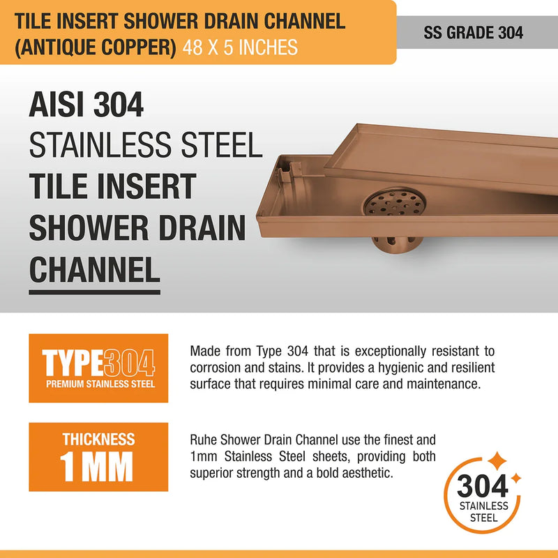 Tile Insert Shower Drain Channel (48 x 5 Inches) Antique Copper PVD Coated - by Ruhe