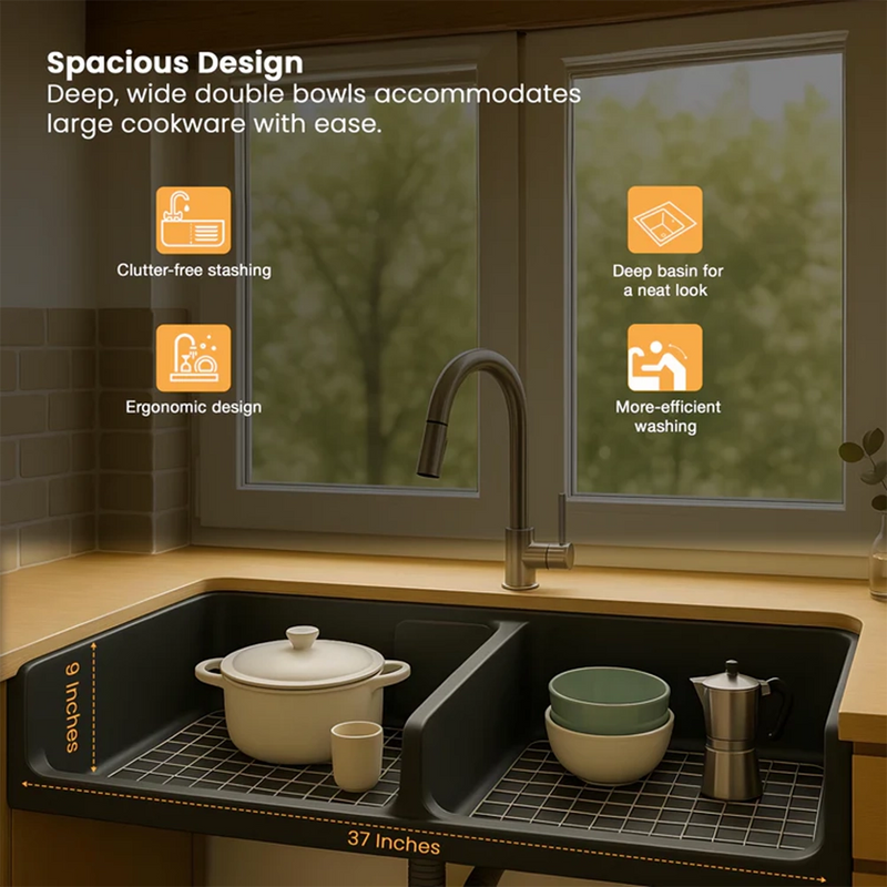 Quartz Double Bowl Kitchen Sink Coloured (37 x 18 x 9 Inches)